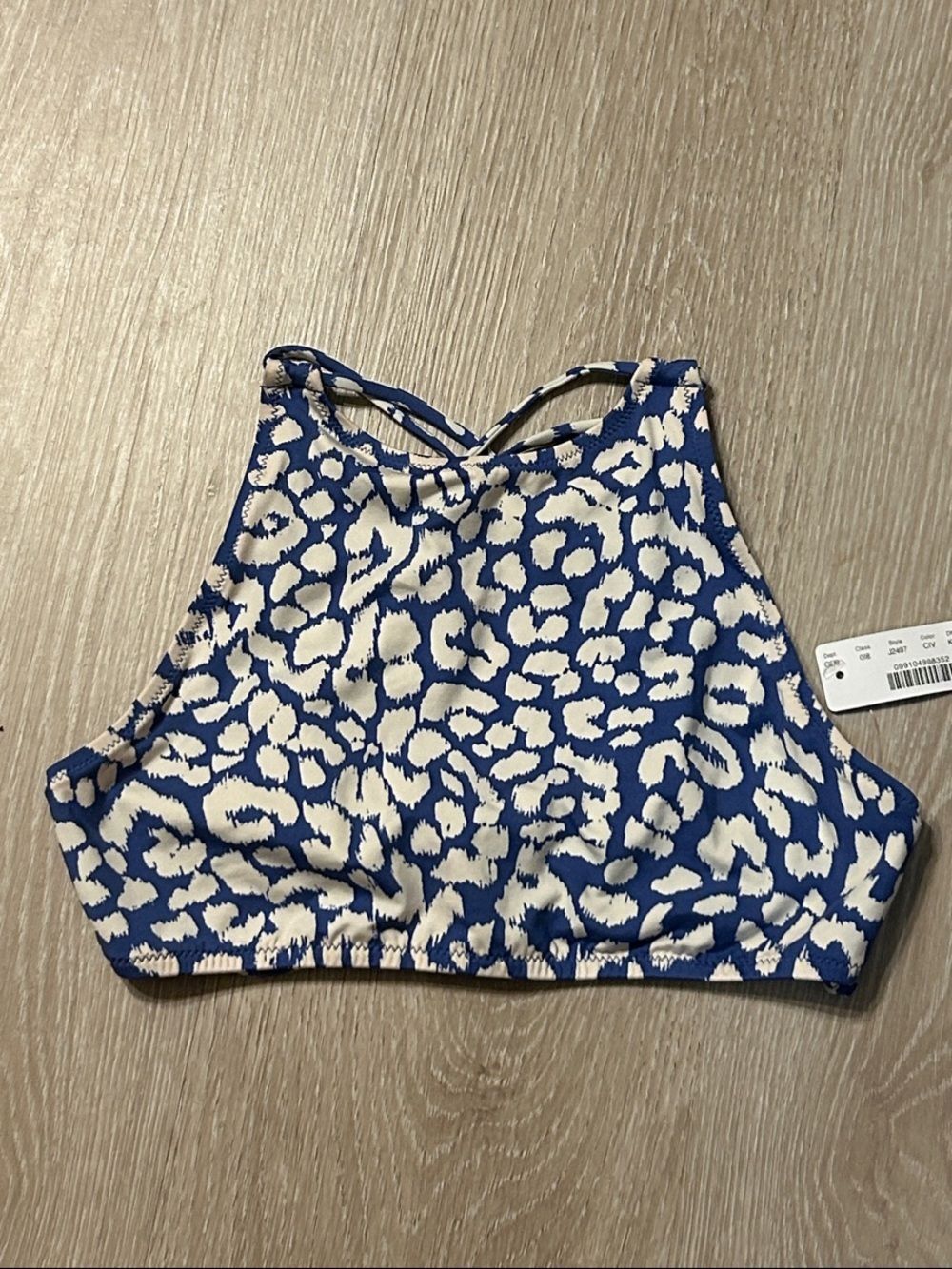 J. Crew NWT High-Neck Strappy Blue Leopard Print Bikini Swim Top Sz Medium